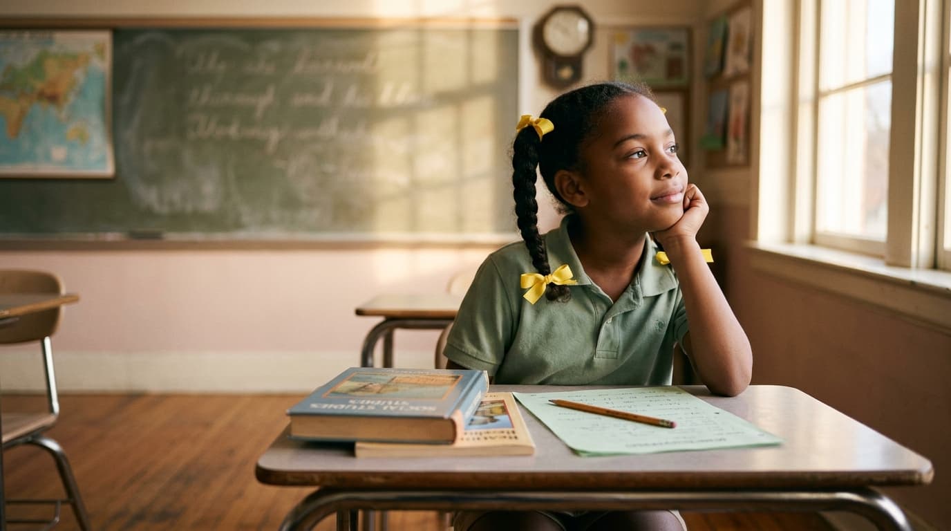 A young Black girl sitting at a classroom desk looking out a sunlit window, curious and thoughtful.
