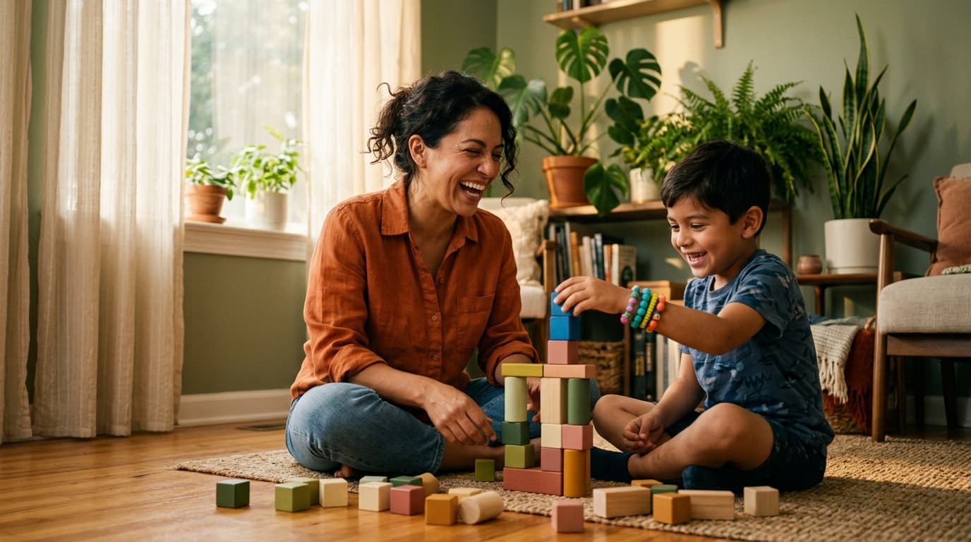 A Latina mother laughing with her 7-year-old son while building with wooden blocks on the living room floor.